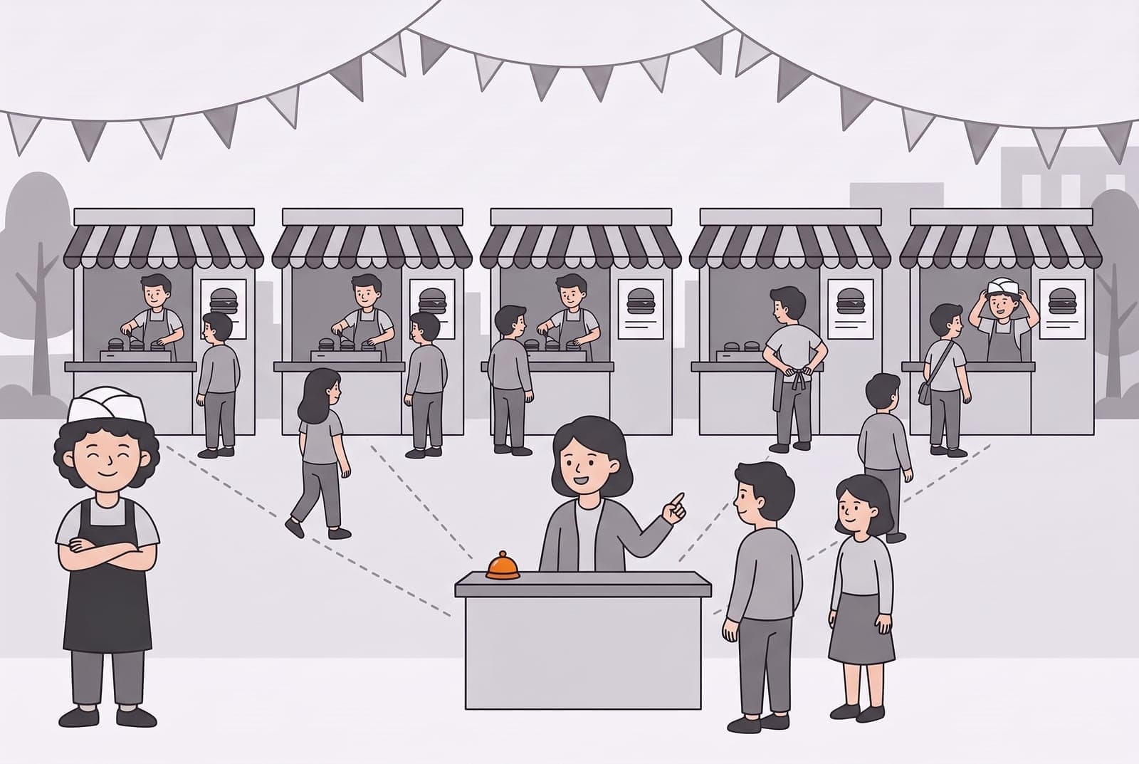 Five identical burger stalls in a row, each with a cook. At the two stalls on the right, the new cooks are still tying an apron and putting on a cap. In front, a receptionist at a plain desk with a small orange bell points customers along dashed lines to the stalls, while Sam stands at the side, smiling with arms crossed