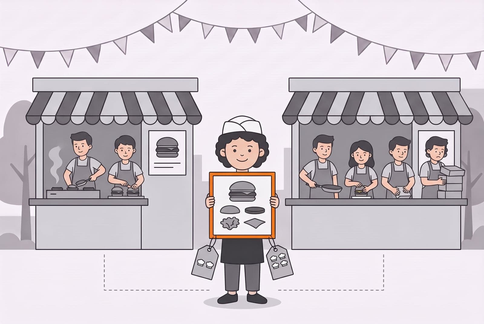 Sam stands between two burger stalls, holding up a large recipe card with an orange border that shows a burger and its ingredients. Two grey tags hang from the card, one with two small cook's caps and one with four. Dashed lines run from the tags to the stalls: the left stall has two cooks, and the wider right stall has four